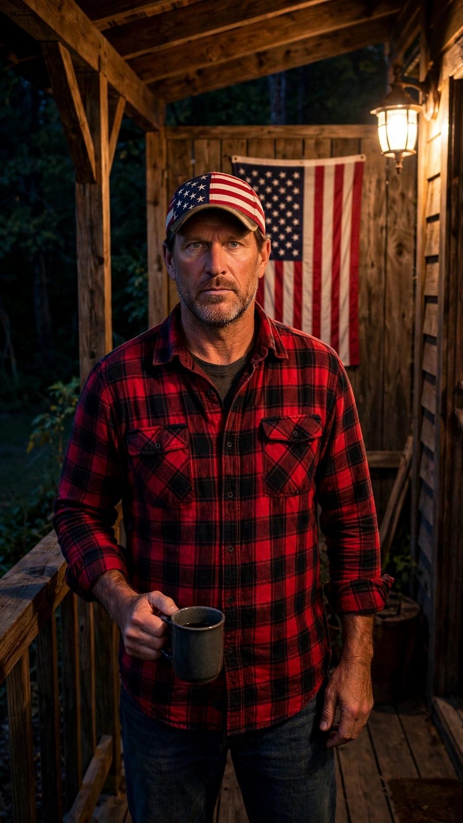 Frank on his porch at night, coffee mug in hand, the flag hanging behind him under the porch lantern — Day 43 of the count.