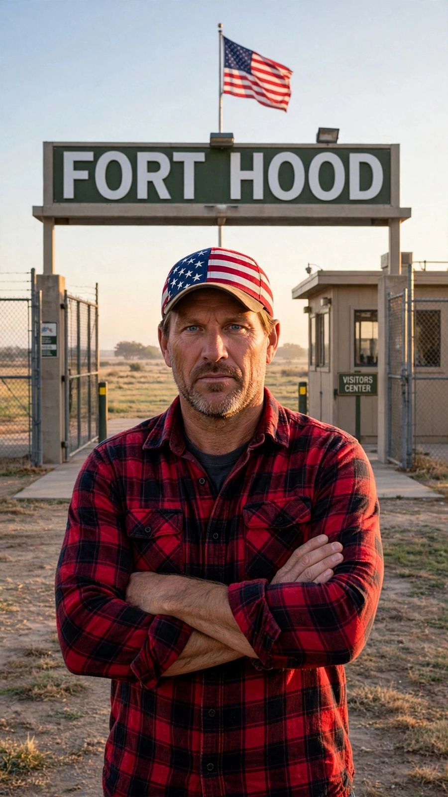 Frank, arms crossed, standing at the main gate of Fort Hood at sunrise, the FORT HOOD sign and the flag above him.