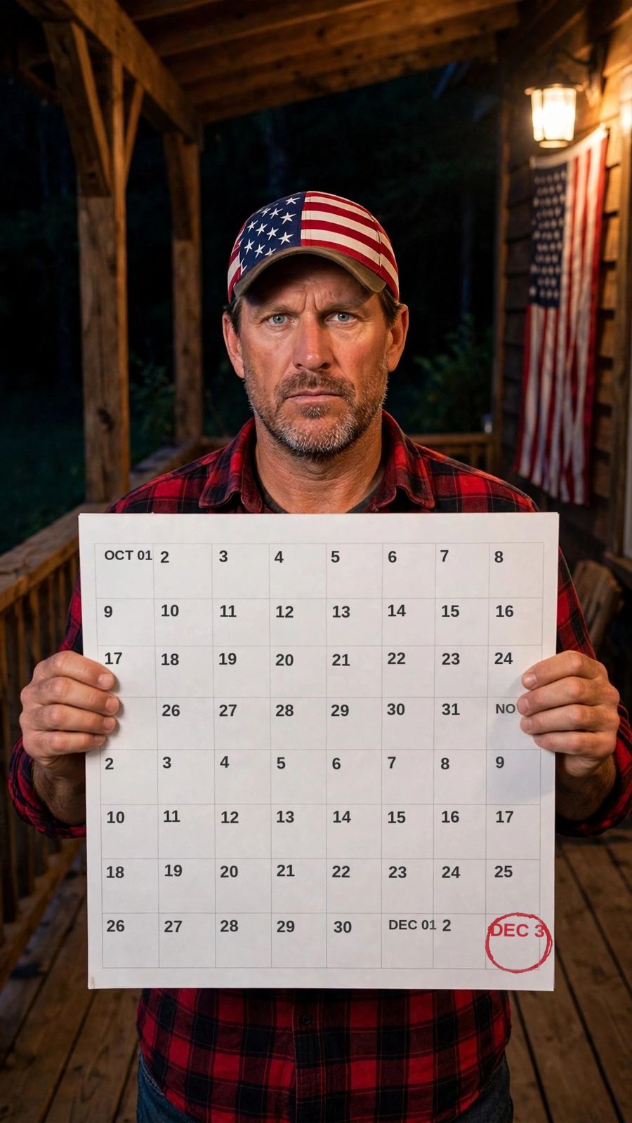 Freedom Frank on his porch at night, holding up the big countdown calendar board — every day from October 1st to December 3rd, with DEC 3 circled in red.